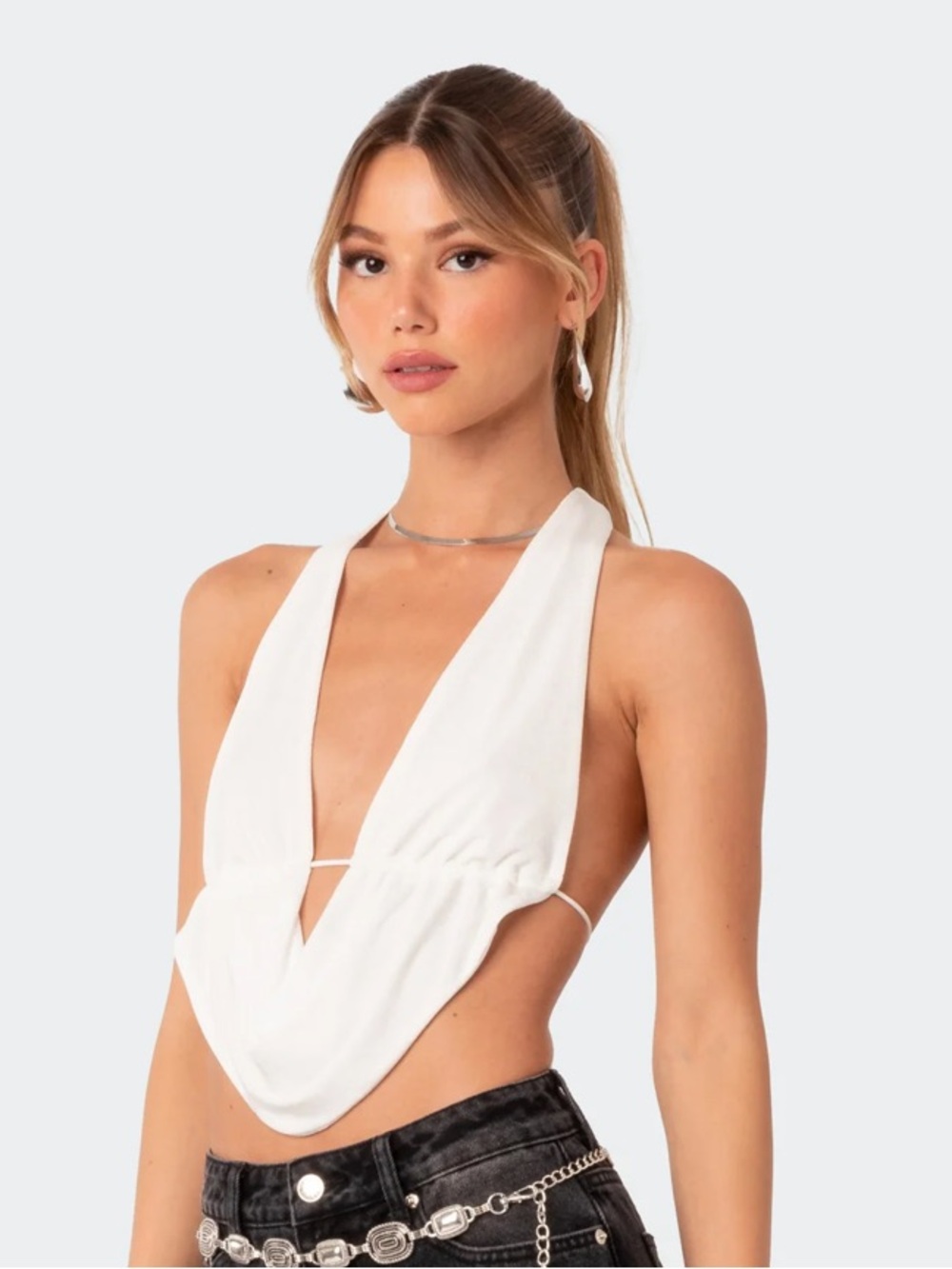 Edikted scoop neck open back cropped halter